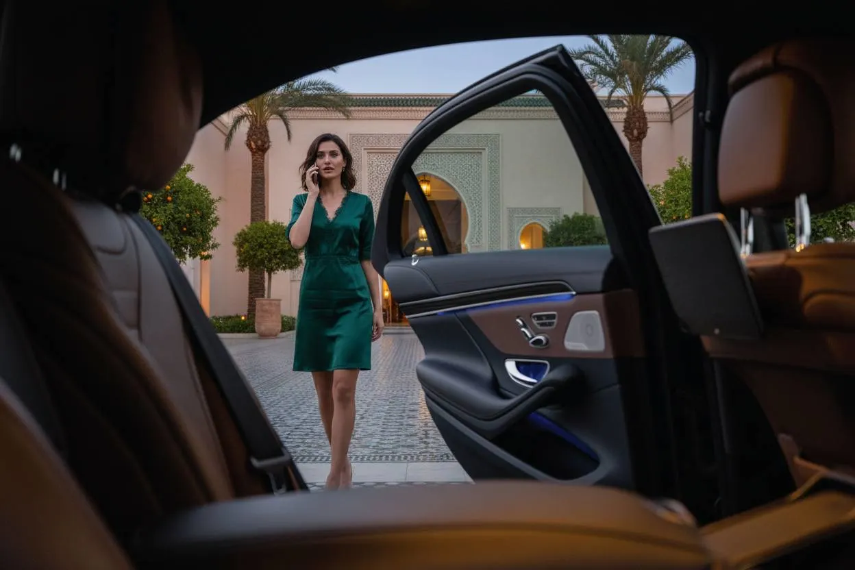 Woman in green dress approaching luxury car with open door at Moroccan villa, representing Marrakech airport transfer.